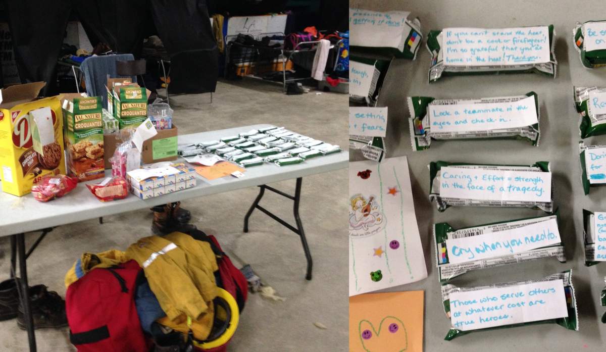 During a break from battling wildfires, the firefighters were greeted with snacks that had been sent along with handwritten messages.