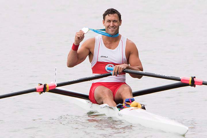 Canada’s Rob Gibson celebrates winning the silver medal in the men’s single sculls at the 2015 Pan Am Games on the Royal Canadian Henley Rowing Course in St. Catharines, Ont., Wednesday, July 15, 2015.