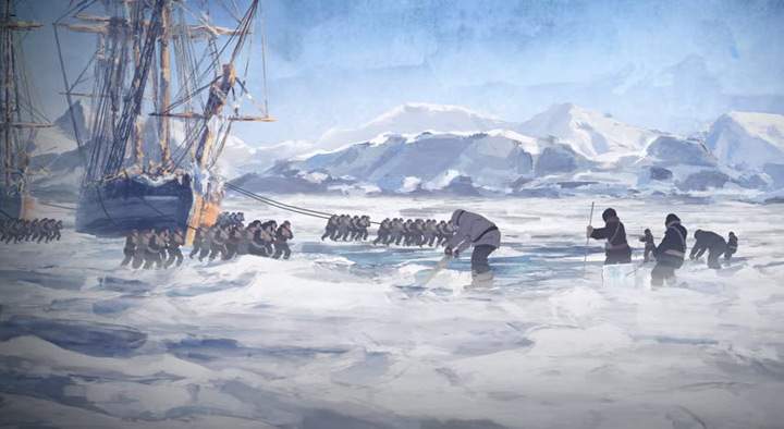My hearty crew drags the ship across the ice to safe harbour. The art in this game is pretty nice.