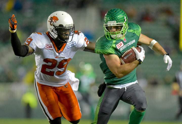 Saskatchewan Roughriders wide receiver Weston Dressler (#7) runs the ball during second half CFL action in Regina on Friday, July 17, 2015.