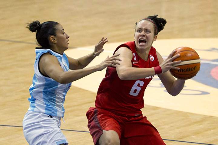 Canada's Shona Thorburn (right) shapes to shoot on Argentina's Debora Gonzalez during women's basketball at the Pan Am games in Toronto on Friday, July 17, 2015. 