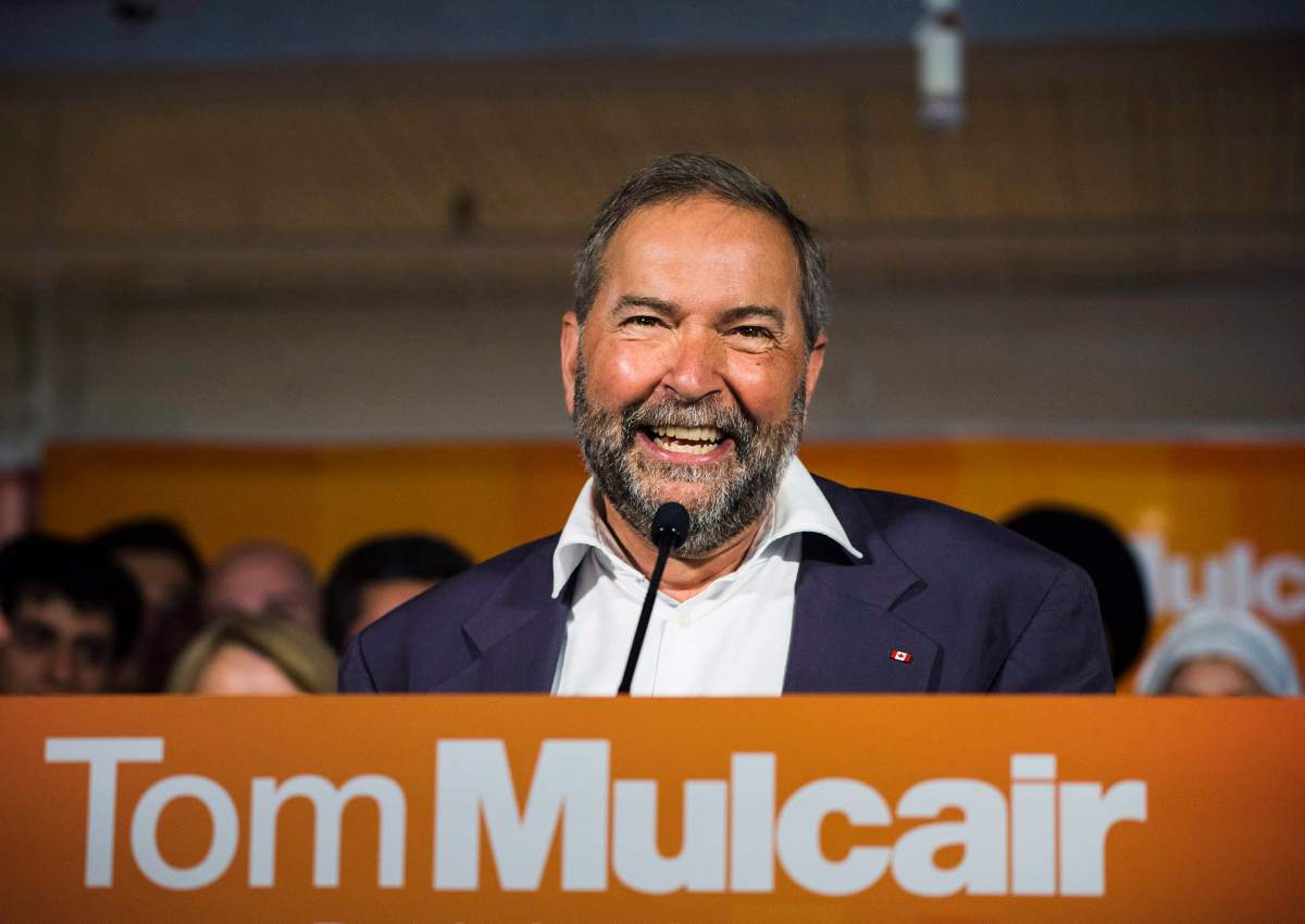 NDP Leader Thomas Mulcair Mulcair speaks at a press conference in Toronto on Thursday, August 6, 2015.
