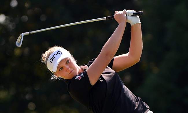 Brooke M. Henderson, of Canada, hits her tee shot on the second hole during the final round of the Cambia Portland Classic golf tournament in Portland, Ore., Sunday, Aug. 16, 2015.