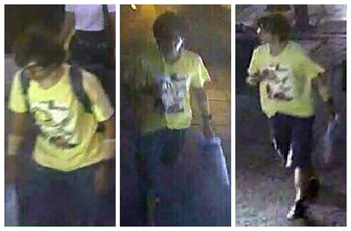 This Aug. 17, 2015, image, released by Royal Thai Police spokesman Lt. Gen. Prawut Thavornsiri, shows a man wearing a yellow T-shirt near the Erawan Shrine before an explosion occurred in Bangkok, Thailand. Prawut said he believes the man is a suspect in the blast that killed a number of people at a shrine in downtown Bangkok on Monday night. 