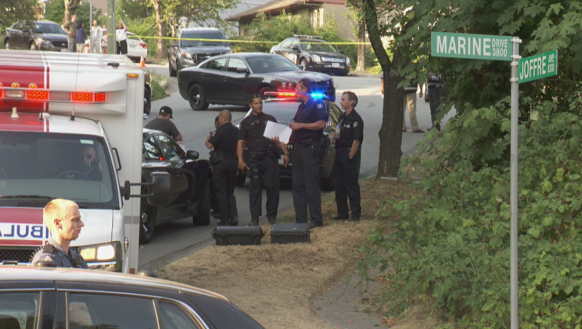 One person is dead after a violent scuffle at Marine Drive and Joffre Avenue on August 13, 2015.