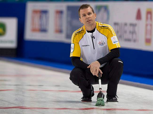Manitoba skip Jeff Stoughton watches a rock as they play Quebec at the Tim Hortons Brier in Kamloops, B.C., on March 4, 2014.