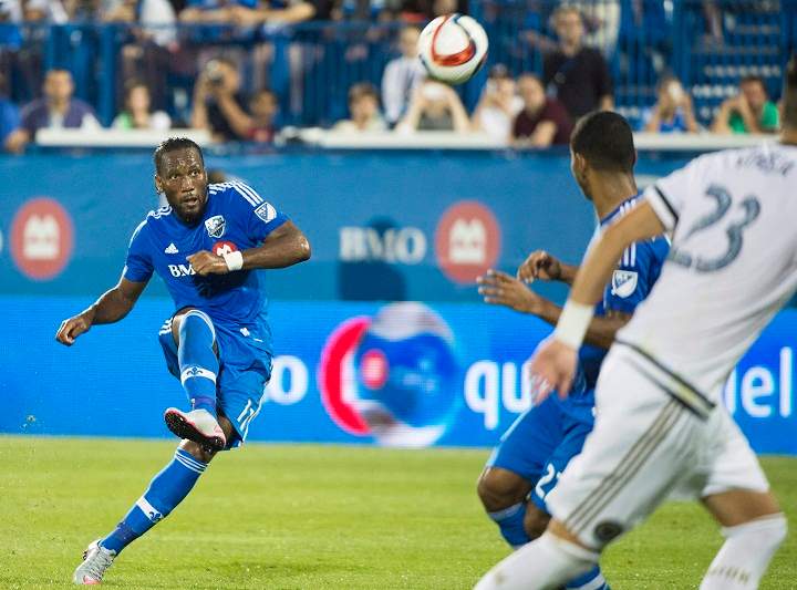 Montreal Impact's Didier Drogba takes a free kick against the Philadelphia Union during second half MLS soccer action in Montreal, Saturday, August 22, 2015. 