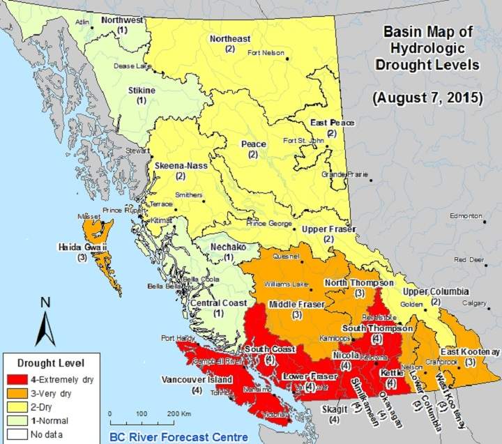 Level 3 drought conditions for Middle Fraser and Kootenay Columbia regions