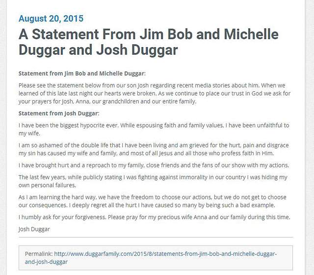 A Statement From Jim Bob and Michelle Duggar and Josh Duggar