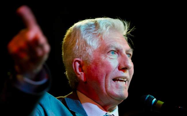 Bloc Quebecois leader Gilles Duceppe speaks to supporters during a federal election campaign stop in Montreal, Friday, August 7, 2015.
