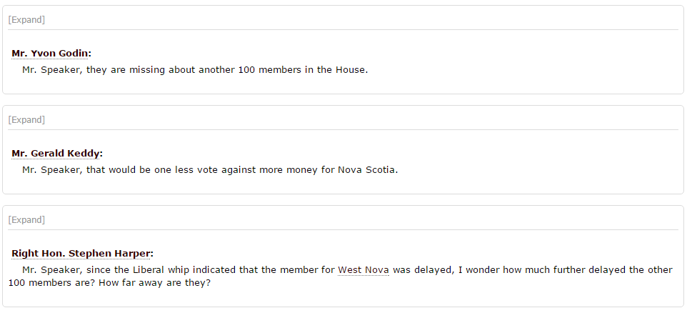 Prime Minister Stephen Harper takes a jab at the close to 100 Liberals missing from a vote on budget provisions.