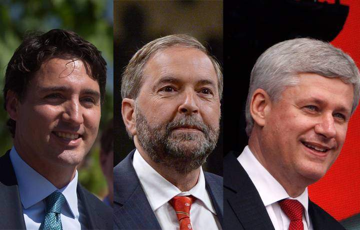 Liberal Leader Justin Trudeau, NDP Leader Tom Mulcair, and Conservative Leader Stephen Harper.