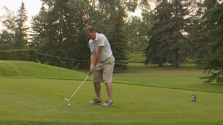 Global Calgary’s Kevin Smith tees off at the Shaw Charity Classic Junior Celebrity Golf Experience on Monday.