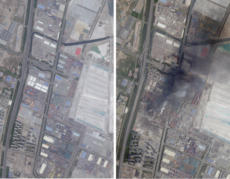Satellite images of the location before and after the Tianjin explosion.