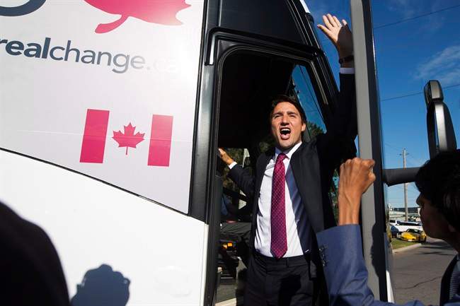 Liberal Party leader Justin Trudeau leaves a rally as he begins campaigns for the upcoming federal election in Mississauga, Ont., on Tuesday, August 4, 2015. 