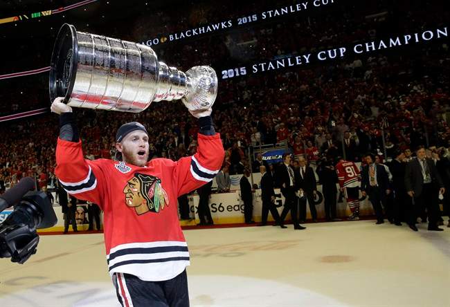 Chicago Blackhawks right wing Patrick Kane celebrates after defeating the Tampa Bay Lightning in Game 6 of the NHL hockey Stanley Cup Final series in Chicago. 