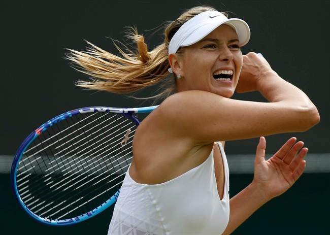 In this July 3, 2015, file photo, Maria Sharapova returns a ball to Irina-Camelia Begu during their singles match at the All England Lawn Tennis Championships in Wimbledon, London. 