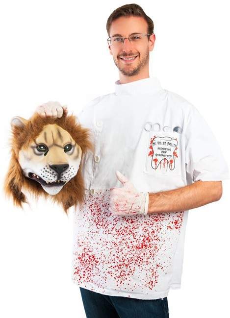 This image released by Costumeish shows a man holding a fake lion head while dressed as a dentist, a costume referring to the Minnesota dentist who who killed Cecil the lion.