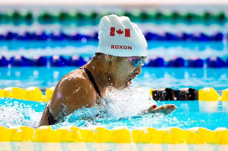 Katarina Roxon, of Canada, competes on her way to winning the gold medal in women's 100m breaststroke SB8 final at the Parapan Am Games in Toronto on Tuesday, August 11, 2015. 