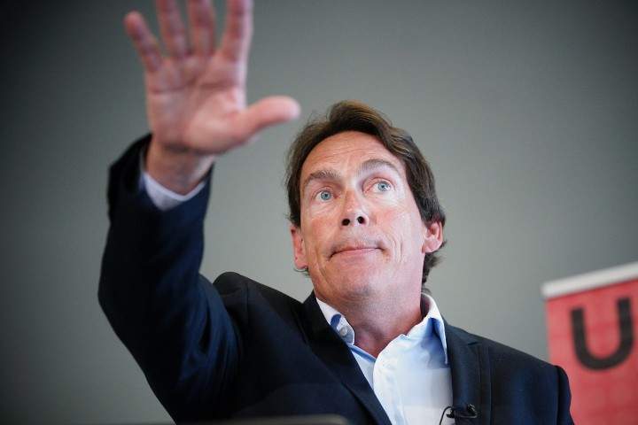 Leader of the PQ, Pierre Karl Péladeau speaks at a conference at the Institut du Nouveau Monde in Laval, Que., August 13, 2015.