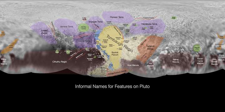 The informal names of features on Pluto, assigned by the New Horizons team.