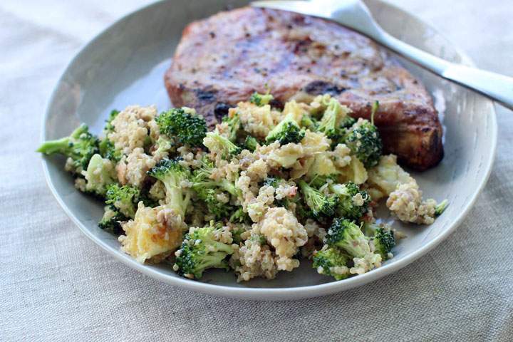This July 20, 2015, photo, shows healthy quinoa and broccoli slaw in Concord, N.H. Quinoa can be cooked on the stovetop or in a rice cooker, but nothing beats the microwave for convenience.