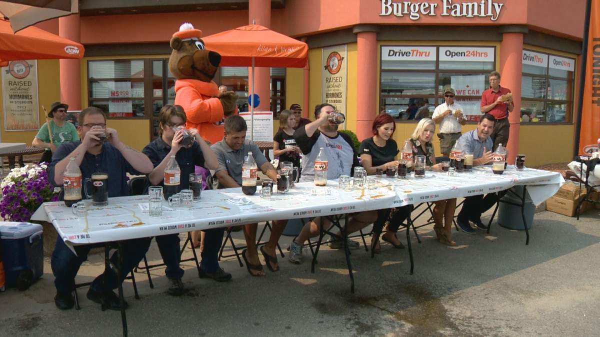 Local celebrities chug root beer as part of the A&W Crusin’ to End MS event in Regina, which has raised $6.5 million across the country to help fund research over the last seven years.