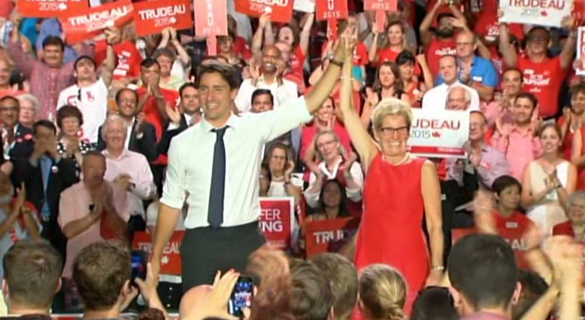 Liberal leader Justin Trudeau and Ontario Premier Kathleen Wynne at a campaign event in Toronto on August 17, 2015.