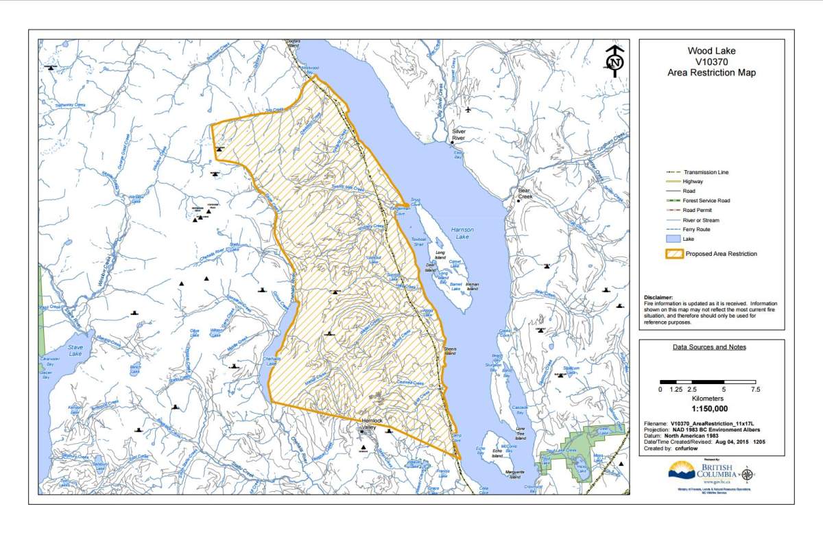 A map showing the areas around Harrison Lake restricted from public access