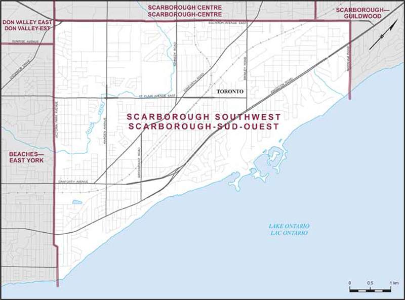Riding boundaries for the electoral district of Scarborough Southwest