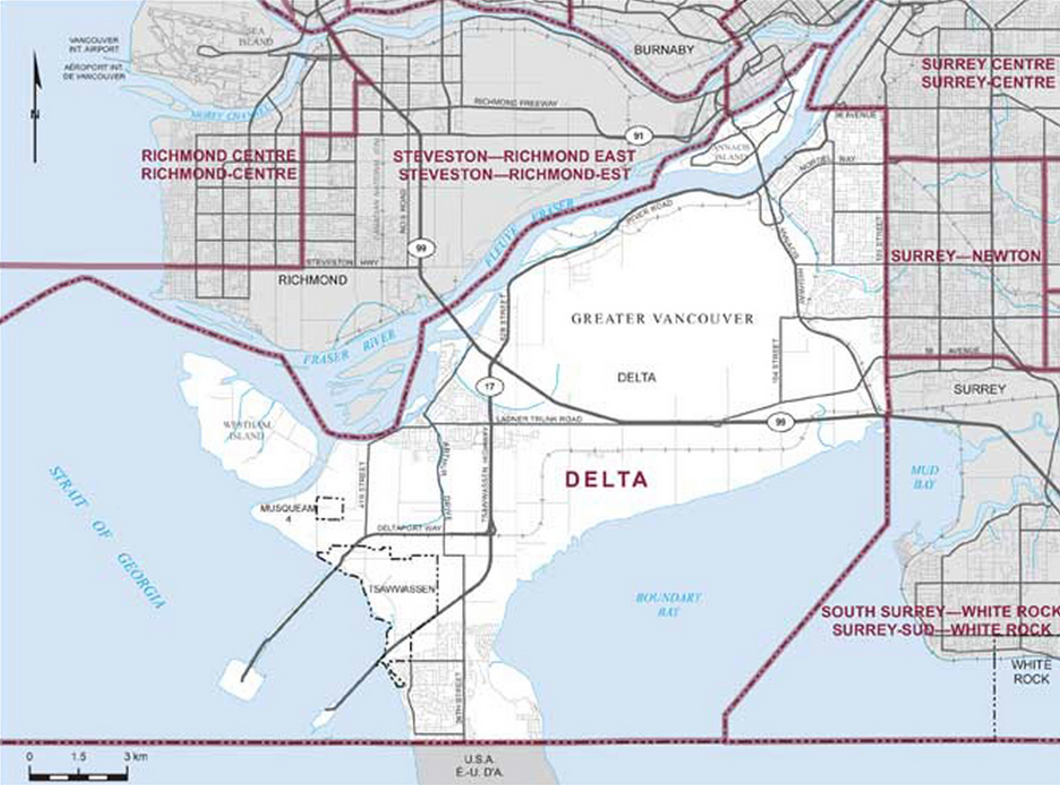 Riding boundaries for the electoral district of Delta