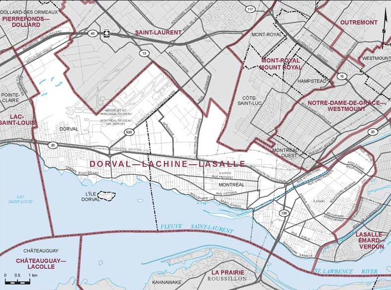 Riding boundaries for the electoral district of Dorval-Lachine-LaSalle