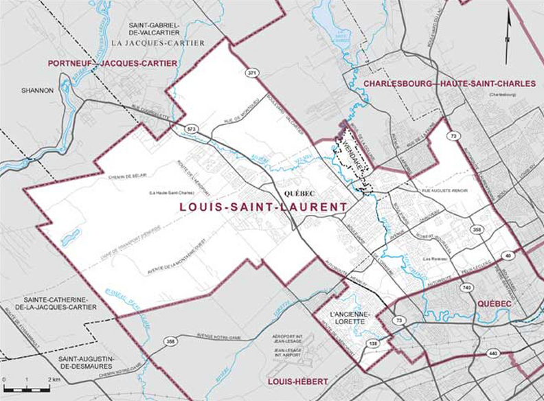 Riding boundaries for the electoral district of Louis-Saint-Laurent