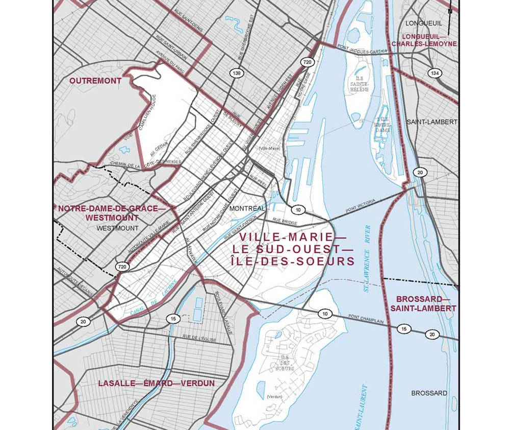 Riding boundaries for the electoral district of Ville-Marie-Le Sud-Ouest-Île-des-Soeurs