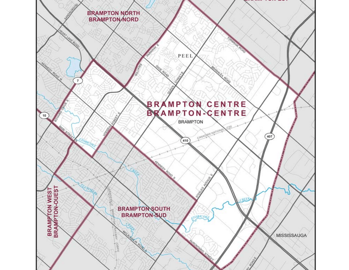 Riding boundaries for the electoral district of Brampton Centre