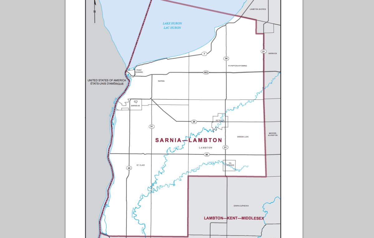 Riding boundaries for the electoral district of Sarnia-Lambton