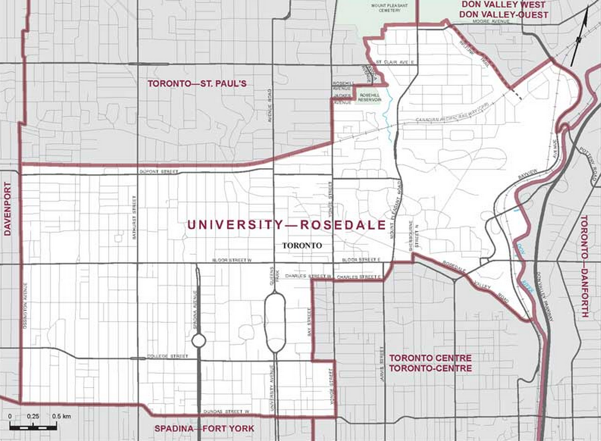 Riding boundaries for the electoral district of University-Rosedale