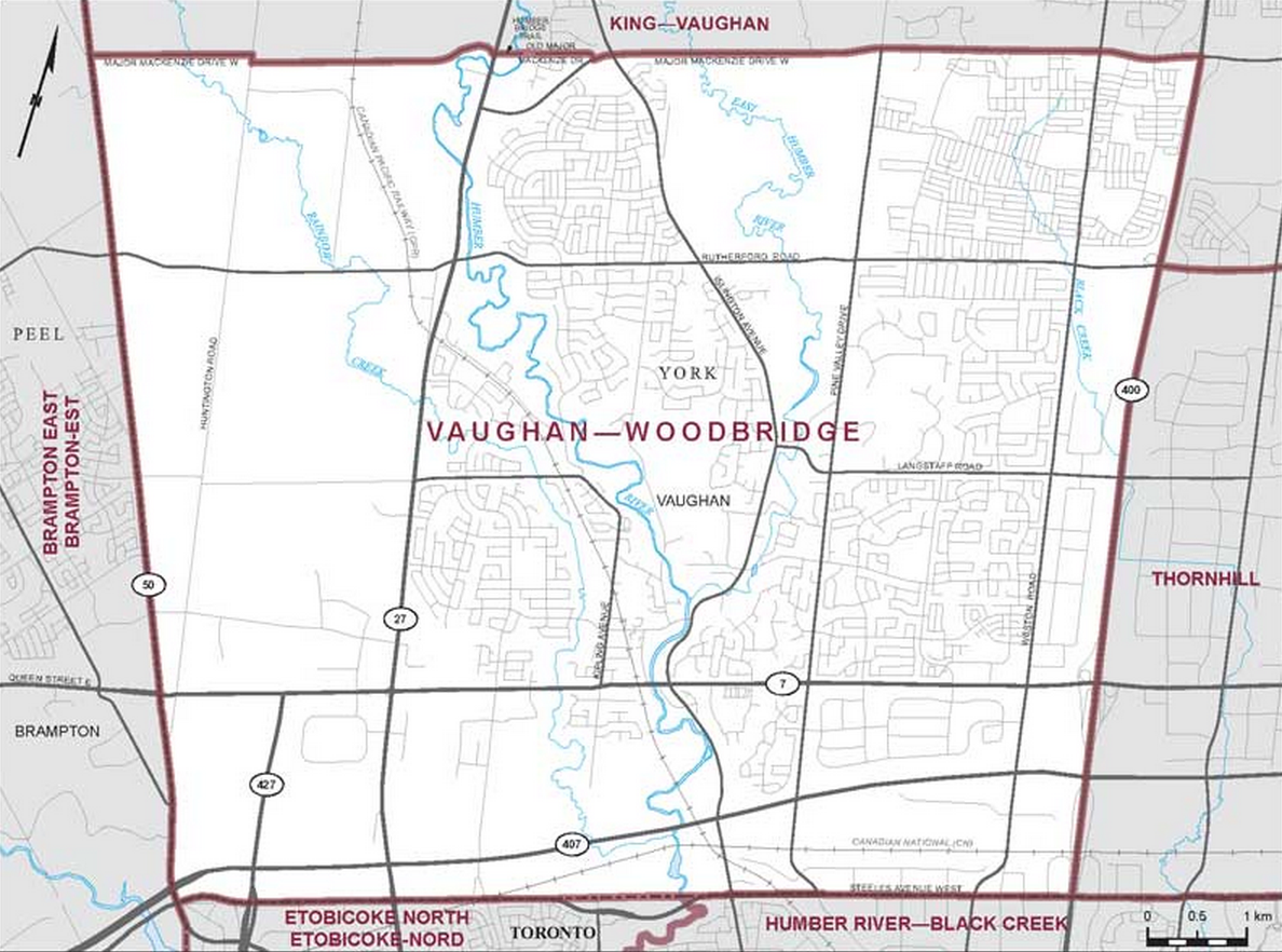 Riding boundaries for the electoral district of Vaughan-Woodbridge