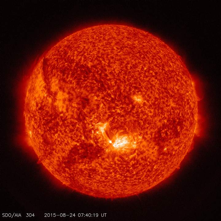 A large solar flare erupted from the sun (lower centre) on Aug. 24.