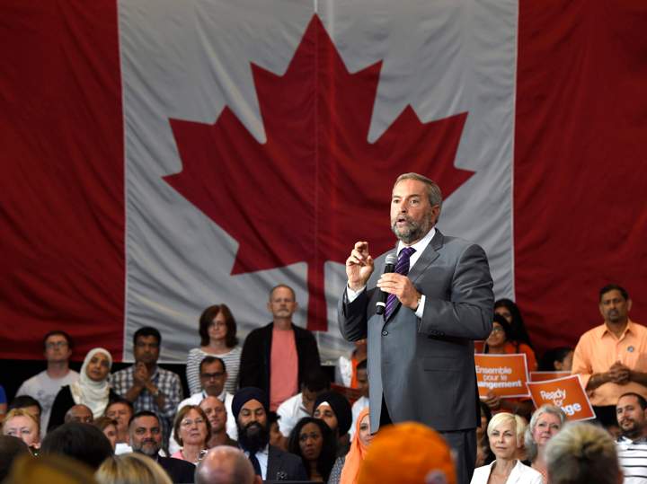 NDP Leader Tom Mulcair speaks to supporters during a campaign stop in Mississauga, Ont., on Monday, August 24, 2015. THE CANADIAN PRESS/Frank Gunn