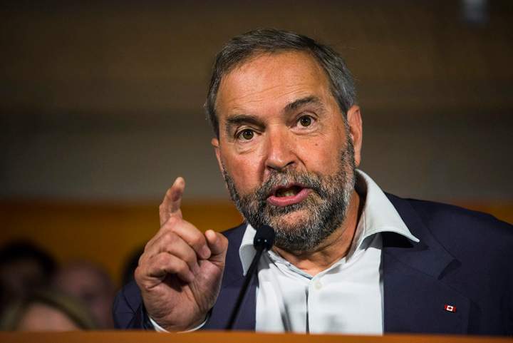 NDP Leader Thomas Mulcair Mulcair speaks at a press conference in Toronto on Thursday, August 6, 2015.
