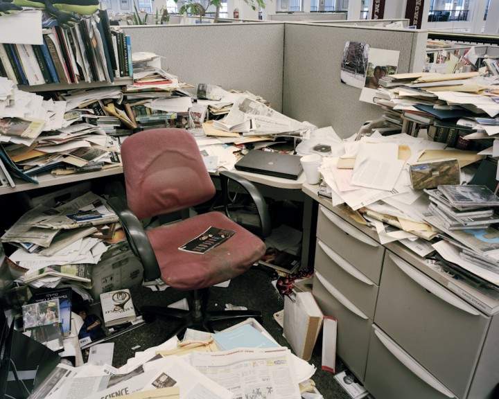American photographer Will Steacy photographs a journalist's desk for Deadline, World Press Photo 2015.