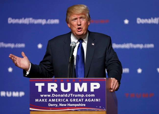 In this Aug. 19, 2015 file photo, Republican presidential candidate businessman Donald Trump speaks in Derry, N.H.