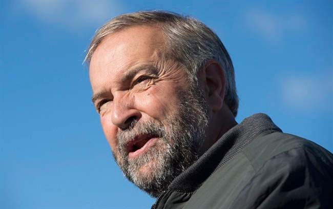 NDP Leader Tom Mulcair addresses the media at a morning announcement during a federal election campaign stop in Kamloops, B.C., on Wednesday, September 2, 2015.