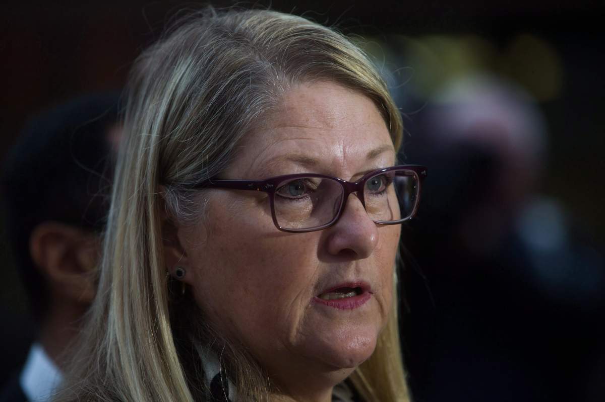 Former provincial court chief judge, NDP candidate Carol Baird Ellan speaks during a news conference with NDP Leader Tom Mulcair, at Robson Square in Vancouver, B.C., on Thursday March 19, 2015. 