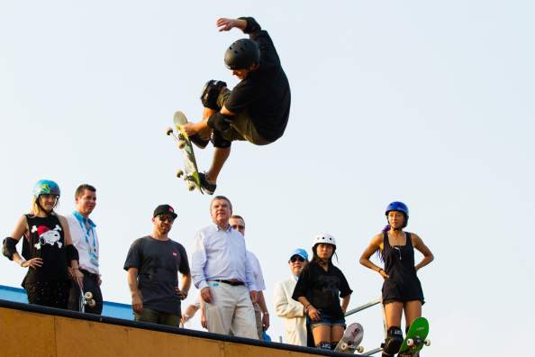 IOC President Thomas Bach visits the Nanjing 2014 Sports Lab, which includes four non-Olympic sports: Rock Climbing, Roller Skating, Skateboarding and Wushu, on day five of the Nanjing 2014 Summer Youth Olympic Games at Fishmouth Wetland Park on August 21, 2014 in Nanjing, China.  (Photo by ChinaFotoPress/ChinaFotoPress via Getty Images).