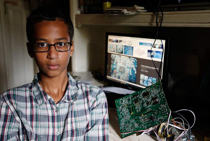Irving MacArthur High School student Ahmed Mohamed, 14, poses for a photo at his home in Irving, Texas on Tuesday, Sept. 15, 2015. Mohamed was arrested and interrogated by Irving Police officers on Monday after bringing a homemade clock to school.