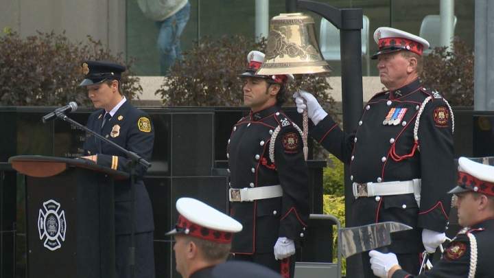 A bell rang as firefighters, local politicians, and families of fallen firefighters gathered to remember those who died in the line of duty or of illness related to firefighting.