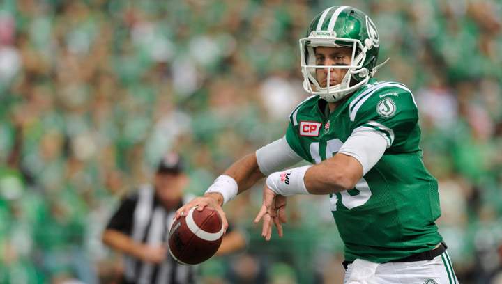 Saskatchewan Roughriders quarterback Brett Smith looks for a receiver during first half CFL action against the Winnipeg Blue Bombers in Regina, Sask., on Sunday, September 6, 2015. The Roughriders get a fresh start after their first win of season, 37-19 over the Blue Bombers.