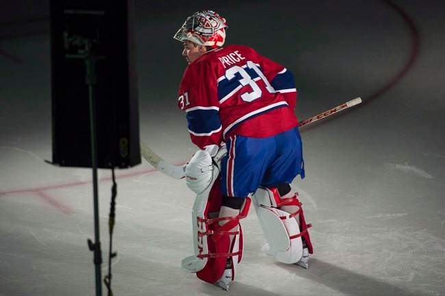 Montreal Canadiens goaltender Carey Price poses during a video session on the first day of training camp .